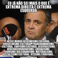 EU JÁ NÃO SEI MAIS O QUE É EXTREMA DIREITA E EXTREMA ESQUERDANESSE MUNDO DE OLAVISMO CULTURAL, VOEGELINISMO CULTURAL, TRANSHUMANISMO CULTURAL, CHIPISMO CULTURAL, ECO-FASCISMO, NEOCONSERVADORISMO, LIBERALISMO, SIONISMO, BOLSONARISMO, MATERIALISMO, GESTALTISMO CULTURAL, ATEÍSMO TODDYNHO...