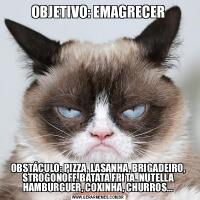 OBJETIVO: EMAGRECEROBSTÁCULO: PIZZA, LASANHA, BRIGADEIRO, STROGONOFF, BATATA FRITA, NUTELLA HAMBURGUER, COXINHA, CHURROS...