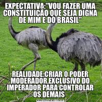 EXPECTATIVA:''VOU FAZER UMA CONSTITUIÇÃO QUE SEJA DIGNA DE MIM E DO BRASIL''REALIDADE:CRIAR O PODER MODERADOR,EXCLUSIVO DO IMPERADOR PARA CONTROLAR OS DEMAIS  