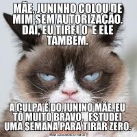 MÃE, JUNINHO COLOU DE MIM SEM AUTORIZAÇÃO. DAÍ, EU TIREI 0  E ELE TAMBÉM.A CULPA É DO JUNINO MÃE. EU TÔ MUITO BRAVO.   ESTUDEI UMA SEMANA PARA TIRAR ZERO.