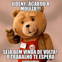 ILDENY…ACABOU A MOLEZA!!!SEJA BEM VINDA DE VOLTA! 
O TRABALHO TE ESPERA