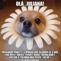 OLÁ , JULIANA!PASSANDO PARA TE LEMBRAR QUE ACABOU-SE O QUE ERA DOCE! ADEUS, FÉRIAS! BORA TRABALHAR E VOLTAR A TREINAR NÃO PENSE , SÓ VA !