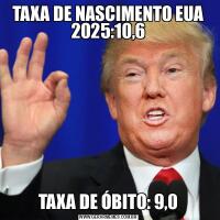 TAXA DE NASCIMENTO EUA 2025:10,6TAXA DE ÓBITO: 9,0