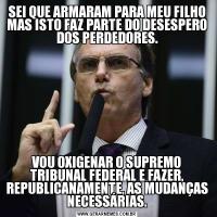 SEI QUE ARMARAM PARA MEU FILHO MAS ISTO FAZ PARTE DO DESESPERO DOS PERDEDORES.VOU OXIGENAR O SUPREMO TRIBUNAL FEDERAL E FAZER, REPUBLICANAMENTE, AS MUDANÇAS NECESSÁRIAS.