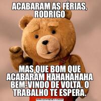 ACABARAM AS FÉRIAS, RODRIGOMAS QUE BOM QUE ACABARAM HAHAHAHAHA BEM-VINDO DE VOLTA. O TRABALHO TE ESPERA.