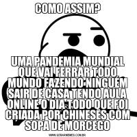 COMO ASSIM?UMA PANDEMIA MUNDIAL QUE VAI FERRAR TODO MUNDO FAZENDO NINGUÉM SAIR DE CASA TENDO AULA ONLINE O DIA TODO QUE FOI CRIADA POR CHINESES COM SOPA DE MORCEGO