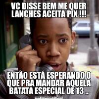 VC DISSE BEM ME QUER LANCHES ACEITA PIX !!!ENTÃO ESTÁ ESPERANDO O QUE PRA MANDAR AQUELA BATATA ESPECIAL DE 13 ..