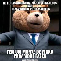 AS FÉRIAS ACABARAM, MAS OS TRABALHOS NÃO
   BEM VINDO DE VOLTA MATHEUSTEM UM MONTE DE FLUXO PARA VOCÊ FAZER