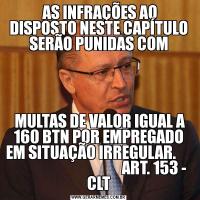  AS INFRAÇÕES AO DISPOSTO NESTE CAPÍTULO SERÃO PUNIDAS COM MULTAS DE VALOR IGUAL A 160 BTN POR EMPREGADO EM SITUAÇÃO IRREGULAR.                                           ART. 153 - CLT