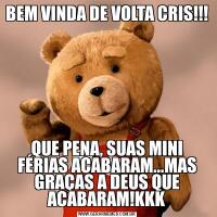 BEM VINDA DE VOLTA CRIS!!!QUE PENA, SUAS MINI FÉRIAS ACABARAM...MAS GRAÇAS A DEUS QUE ACABARAM!KKK