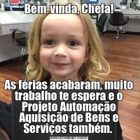 Bem-vinda, Chefa!As férias acabaram, muito trabalho te espera e o Projeto Automação Aquisição de Bens e Serviços também. 