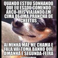 QUANDO ESTOU SONHANDO QUE EU ESTOU COMENDO ARCO-ÍRIS VIAJANDO EM CIMA DE UMA PRANCHA DE CHEETOSAI MINHA MÃE ME CHAMA E FALA:VAI TOMA BANHO QUE A MANHÃ É SEGUNDA-FEIRA