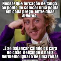 Nossa! Que forcação de tanga, ao ponto de colocar uma ponta em cada prego, entre duas árvores....E se balançar caindo de cara no chão, deixando o nariz vermelho igual o de uma rena!