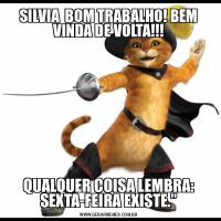 SILVIA  BOM TRABALHO! BEM VINDA DE VOLTA!!!QUALQUER COISA LEMBRA: SEXTA-FEIRA EXISTE.”