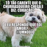 TÔ TÃO CARENTE QUE O CHURRASQUEIRO CHEGA E DIZ: CORAÇÃO?  E EU RESPONDO: QUE FOI, AMOR?  
      @UMNOOJO

    
