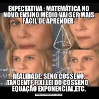 EXPECTATIVA : MATEMÁTICA NO NOVO ENSINO MÉDIO VAI SER MAIS FÁCIL DE APRENDER REALIDADE: SENO,COSSENO, TANGENTE,F(X),LEI DO COSSENO , EQUAÇÃO EXPONENCIAL,ETC.