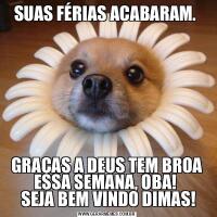 SUAS FÉRIAS ACABARAM. GRAÇAS A DEUS TEM BROA ESSA SEMANA, OBA! 
 SEJA BEM VINDO DIMAS!