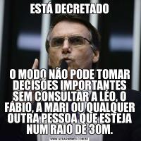 ESTÁ DECRETADOO MODO NÃO PODE TOMAR DECISÕES IMPORTANTES SEM CONSULTAR A LÉO, O FÁBIO, A MARI OU QUALQUER OUTRA PESSOA QUE ESTEJA NUM RAIO DE 30M.