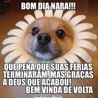 BOM DIA NARA!!!QUE PENA QUE SUAS FÉRIAS TERMINARAM, MAS GRAÇAS A DEUS QUE ACABOU!                               BEM VINDA DE VOLTA