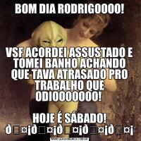 BOM DIA RODRIGOOOO!VSF ACORDEI ASSUSTADO E TOMEI BANHO ACHANDO QUE TAVA ATRASADO PRO TRABALHO QUE ODIOOOOOOO! 

HOJE É SÁBADO! 