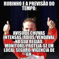 RUBINHO E A PREVISÃO DO TEMPO:AVISO DE CHUVAS INTENSAS/RAIOS/VENDAVAL NA SUA REGIAO. MONITORE/PROTEJA-SE EM LOCAL SEGURO. VIGENCIA DE 6H.