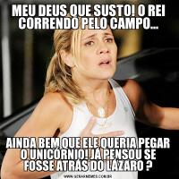 MEU DEUS QUE SUSTO! O REI CORRENDO PELO CAMPO...AINDA BEM QUE ELE QUERIA PEGAR O UNICÓRNIO! JÁ PENSOU SE FOSSE ATRÁS DO LÁZARO ?