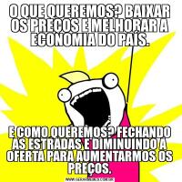 O QUE QUEREMOS? BAIXAR OS PREÇOS E MELHORAR A ECONOMIA DO PAÍS.E COMO QUEREMOS? FECHANDO AS ESTRADAS E DIMINUINDO A OFERTA PARA AUMENTARMOS OS PREÇOS.