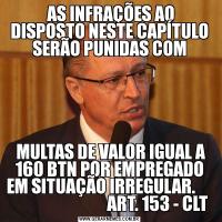  AS INFRAÇÕES AO DISPOSTO NESTE CAPÍTULO SERÃO PUNIDAS COM MULTAS DE VALOR IGUAL A 160 BTN POR EMPREGADO EM SITUAÇÃO IRREGULAR.                                   ART. 153 - CLT