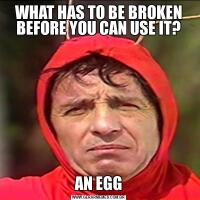 WHAT HAS TO BE BROKEN BEFORE YOU CAN USE IT?AN EGG