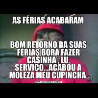 AS FÉRIAS ACABARAMBOM RETORNO DA SUAS FÉRIAS BORA FAZER CASINHA , LU, SERVIÇO...ACABOU A MOLEZA MEU CUPINCHA 