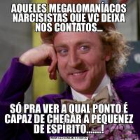 AQUELES MEGALOMANÍACOS NARCISISTAS QUE VC DEIXA NOS CONTATOS...SÓ PRA VER A QUAL PONTO É CAPAZ DE CHEGAR A PEQUENEZ DE ESPÍRITO.......!
