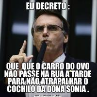 EU DECRETO :QUE  QUE O CARRO DO OVO NÃO PASSE NA RUA A TARDE PARA NÃO ATRAPALHAR O COCHILO DA DONA SONIA .