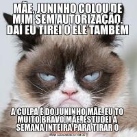 MÃE, JUNINHO COLOU DE MIM SEM AUTORIZAÇÃO. DAÍ EU TIREI 0 ELE TAMBÉMA CULPA É DO JUNINHO MÃE. EU TO MUITO BRAVO MÃE. ESTUDEI A SEMANA INTEIRA PARA TIRAR 0