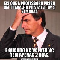EIS QUE A PROFESSORA PASSA UM TRABALHO PRA FAZER EM 3 SEMANASE QUANDO VC VAI VER VC TEM APENAS 2 DIAS.