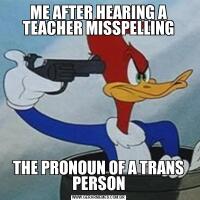 ME AFTER HEARING A TEACHER MISSPELLINGTHE PRONOUN OF A TRANS PERSON