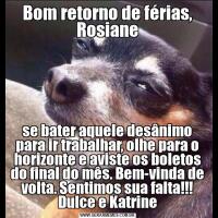 Bom retorno de férias, Rosianese bater aquele desânimo para ir trabalhar, olhe para o horizonte e aviste os boletos do final do mês. Bem-vinda de volta. Sentimos sua falta!!! Dulce e Katrine