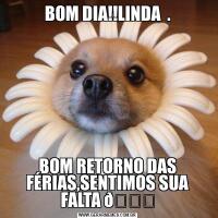 BOM DIA!!LINDA  .BOM RETORNO DAS FÉRIAS,SENTIMOS SUA FALTA 