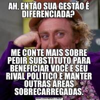 AH, ENTÃO SUA GESTÃO É DIFERENCIADA? ME CONTE MAIS SOBRE PEDIR SUBSTITUTO PARA BENEFICIAR VOCÊ E SEU RIVAL POLÍTICO E MANTER OUTRAS ÁREAS SOBRECARREGADAS.