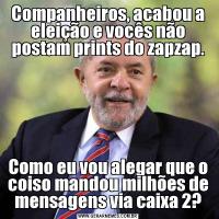 Companheiros, acabou a eleição e vocês não postam prints do zapzap.Como eu vou alegar que o coiso mandou milhões de mensagens via caixa 2?