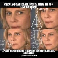 CALCULANDO A PROBABILIDADE DA CHAPA 1 IR PRO SEGUNDO TURNOAPENAS OFERECENDO UM PIQUENIQUE SEM ÁLCOOL PARA OS ESTUDANTES