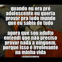 quando eu era pré adolescente eu queria provar pra todo mundo que eu sabia de tudoagora que sou adulto entendi que não preciso provar nada a ninguem, porque isso é irrelevante na minha vida