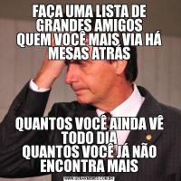 FAÇA UMA LISTA DE GRANDES AMIGOS
QUEM VOCÊ MAIS VIA HÁ MESAS ATRÁSQUANTOS VOCÊ AINDA VÊ TODO DIA
QUANTOS VOCÊ JÁ NÃO ENCONTRA MAIS