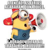 ATENÇÃO! AS FÉRIAS ACABARAM DONA JOICE.É HORA DE VOLTAR AO TRABALHO. UHUUULLL!!!