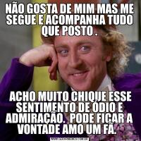 NÃO GOSTA DE MIM MAS ME SEGUE E ACOMPANHA TUDO QUE POSTO . ACHO MUITO CHIQUE ESSE SENTIMENTO DE ÓDIO E ADMIRAÇÃO.  PODE FICAR A VONTADE AMO UM FÃ.  