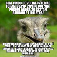 BEM-VINDO DE VOLTA! AS FÉRIAS FORAM BOAS? ESPERO QUE SIM, PORQUE AGORA SÓ RESTAM SAUDADES E BOLETOS!O COMPUTADOR JÁ ESTAVA COM SAUDADE DE VOCÊ (OU PELO MENOS DAS SUAS SENHAS QUE VOCÊ ESQUECEU). AGORA É HORA DE TROCAR O SOL PELO MONITOR E A PRAIA PELOS PRAZOS! FORÇA, GUERREIRO!