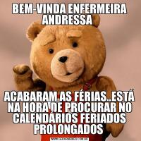 BEM-VINDA ENFERMEIRA ANDRESSA  ACABARAM AS FÉRIAS..ESTÁ NA HORA DE PROCURAR NO CALENDÁRIOS FERIADOS PROLONGADOS 