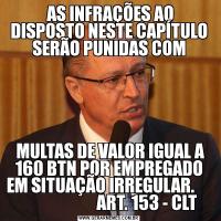  AS INFRAÇÕES AO DISPOSTO NESTE CAPÍTULO SERÃO PUNIDAS COM MULTAS DE VALOR IGUAL A 160 BTN POR EMPREGADO EM SITUAÇÃO IRREGULAR.                             ART. 153 - CLT