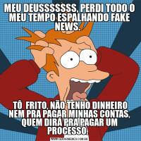 MEU DEUSSSSSSS, PERDI TODO O MEU TEMPO ESPALHANDO FAKE NEWS.   TÔ  FRITO, NÃO TENHO DINHEIRO NEM PRA PAGAR MINHAS CONTAS, QUEM DIRÁ PRA PAGAR UM PROCESSO.  