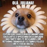 OLÁ , JULIANA!ESPERO QUE SUAS FÉRIAS TENHAM SIDO EXCELENTES E QUE TENHA DESCANSADO BASTANTE! NÓS TE DESEJAMOS UM RETORNO TRANQUILO E ESTAMOS FELIZES EM TE TER DE VOLTA!