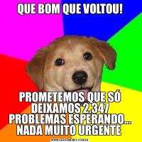 QUE BOM QUE VOLTOU!PROMETEMOS QUE SÓ DEIXAMOS 2.347 PROBLEMAS ESPERANDO... NADA MUITO URGENTE 